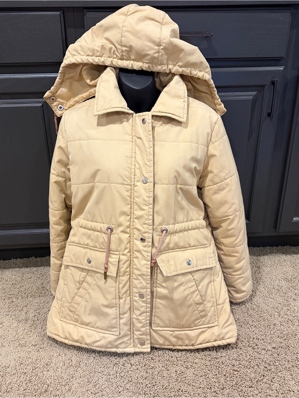Vintage 1960s 1970s Puffer Coat Beige Hooded Fingerhut Fashions Coat Medium
